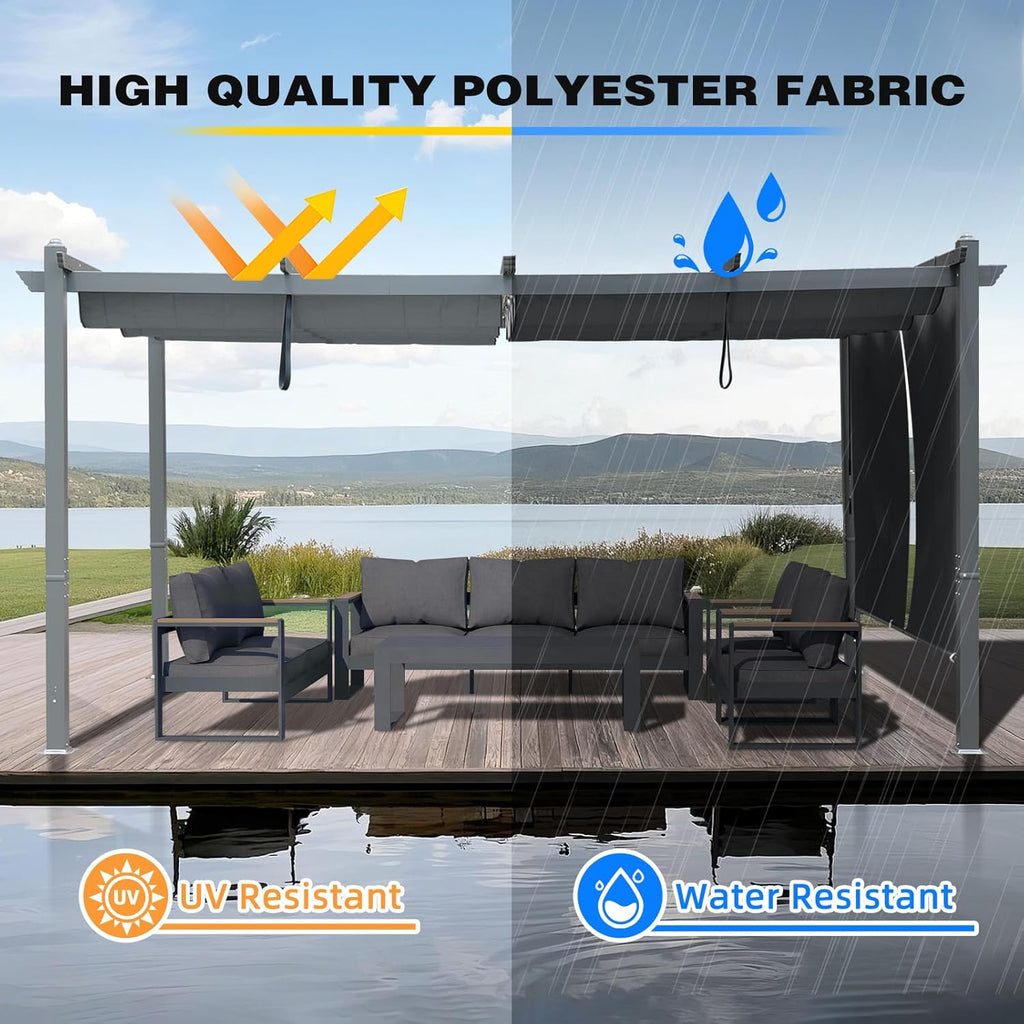 12x14 FT Outdoor Pergola - Retractable Shade Canopy with Aluminum Frame & Roller Shade Curtains for Patio