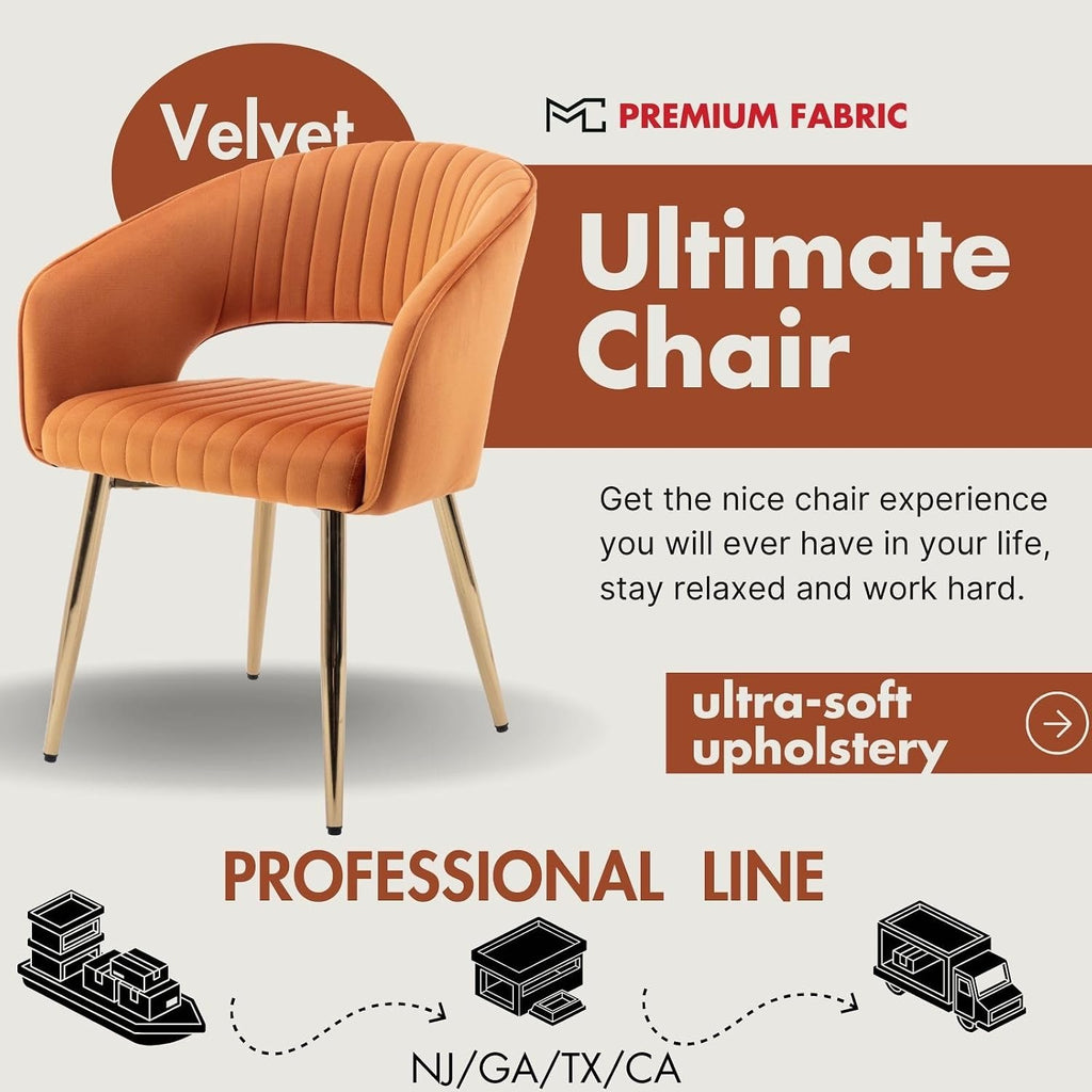 Orange Velvet Dining Chairs Set of 4, Modern Gold Legs Dining Room Chairs with Hollow Back, Upholstered Accent