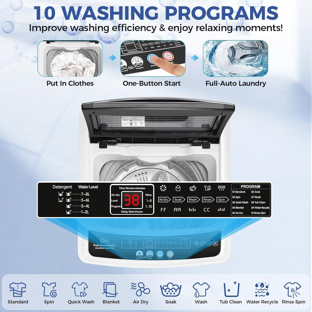 Portable Washing Machine, 20Lbs Capacity Full-Automatic Portable Washer, 2.8Cu.ft Washer and Dryer Combo with 10