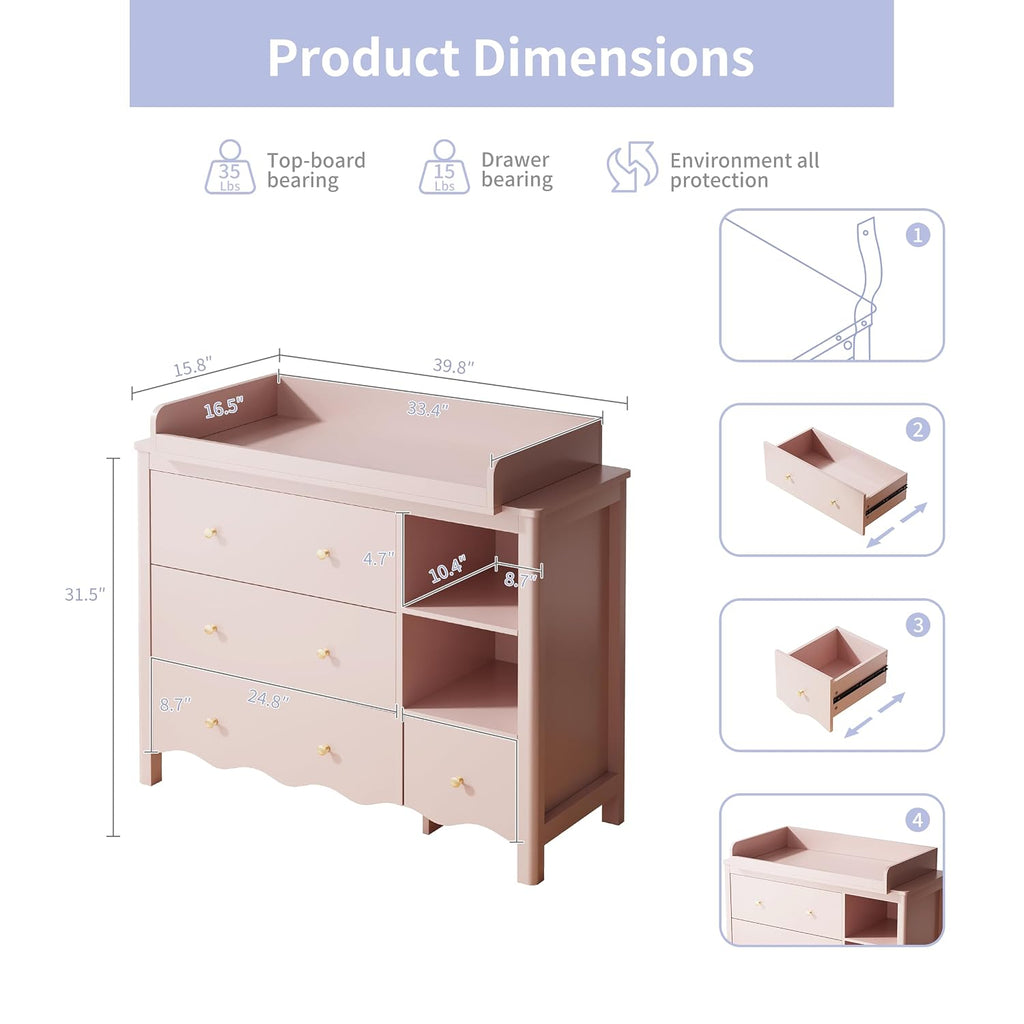 Baby Dresser with Changing Table Top Kids Dresser Pink | Nursery Dresser Wooden Small Dressers Baby Dresser Organizer