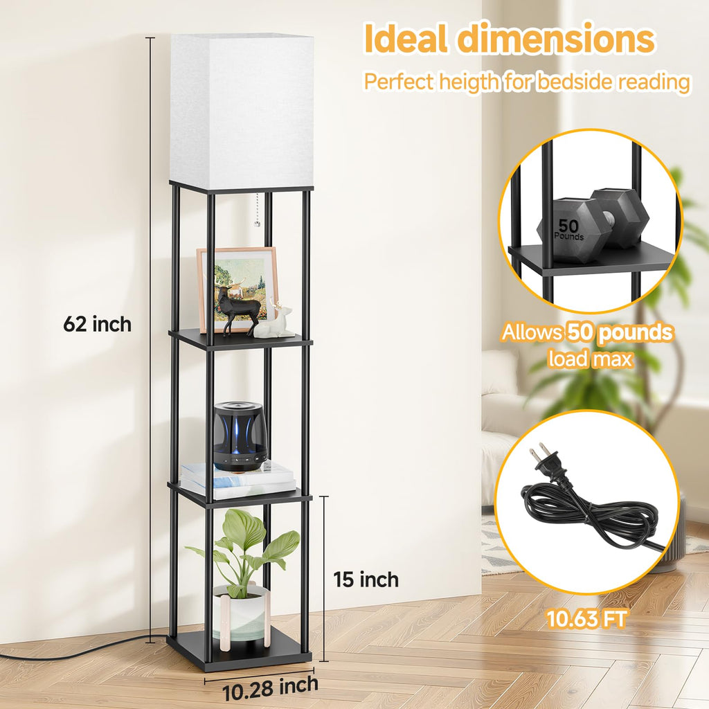 Floor Lamp with Shelves, 3-Tier Standing Shelf Lamp