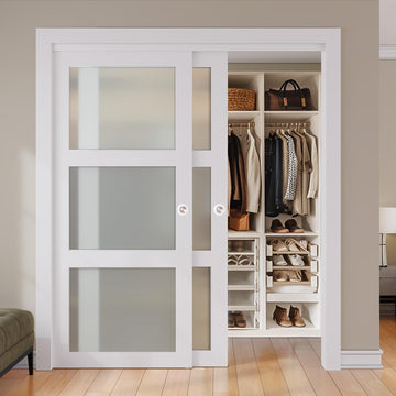 Sliding Closet Door, 72"×80"(Double Barn Doors 37"), Double Frosted 3 Panel Glass Sliding Door with Hardware Kit, Pre-Drilled Door Panel, Need to Assemble, MDF with PVC Surface, White