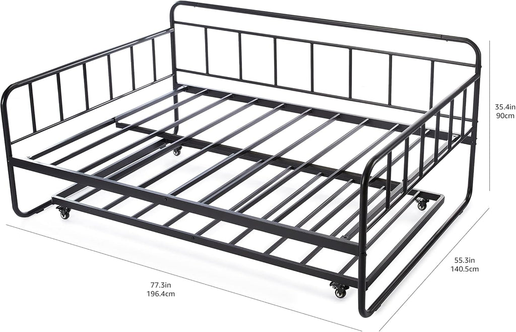 Full Size Daybed and Twin Size Trundle Bed Frame Set, Space Saving Steel Slat Support, Sturdy Metal Design, Easy