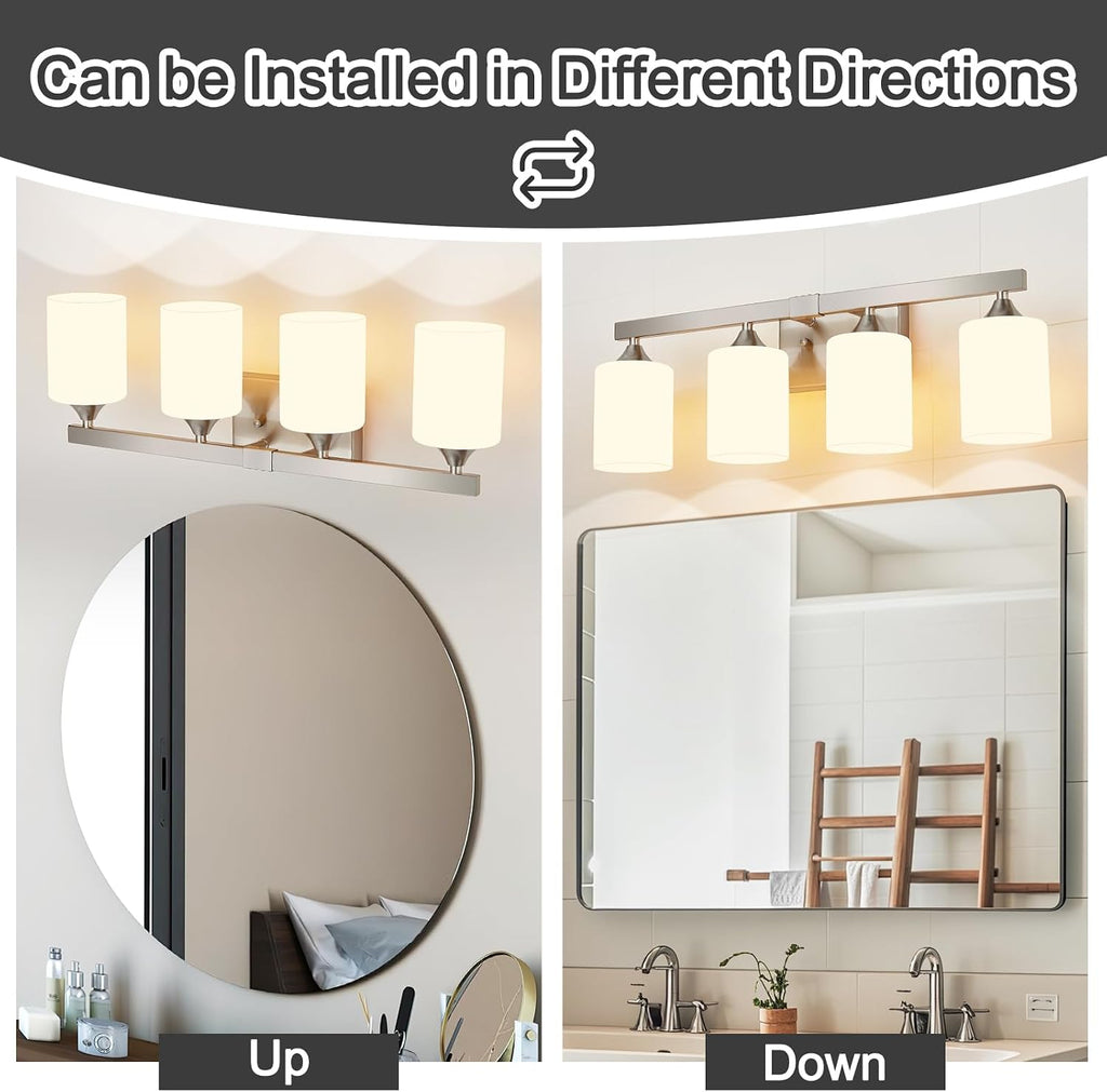 Brushed Nickel Vanity Lights,4-Light Bathroom Light Fixtures,Milky White Glass Shades Wall Lamp,E26 Socket Vanity