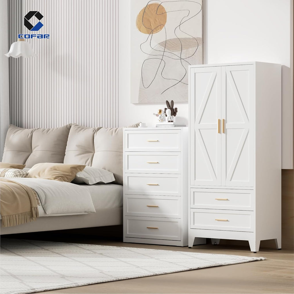 Metal Armoire Wardrobe Closet with Drawers, 71'' Tall Farmhouse Bedroom Armoires with Doors, Freestanding Steel