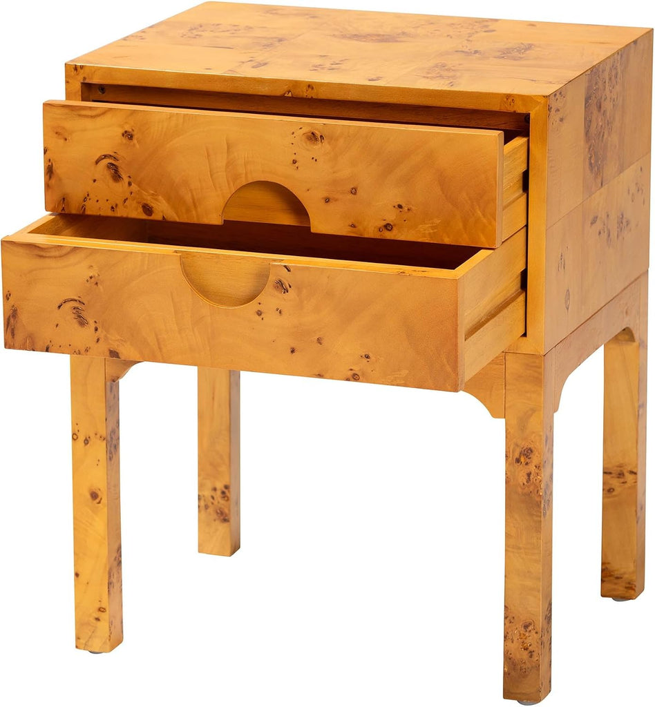 Kayla Modern and Contemporary Real Mappa Burl Wood 2-Drawer Nightstand