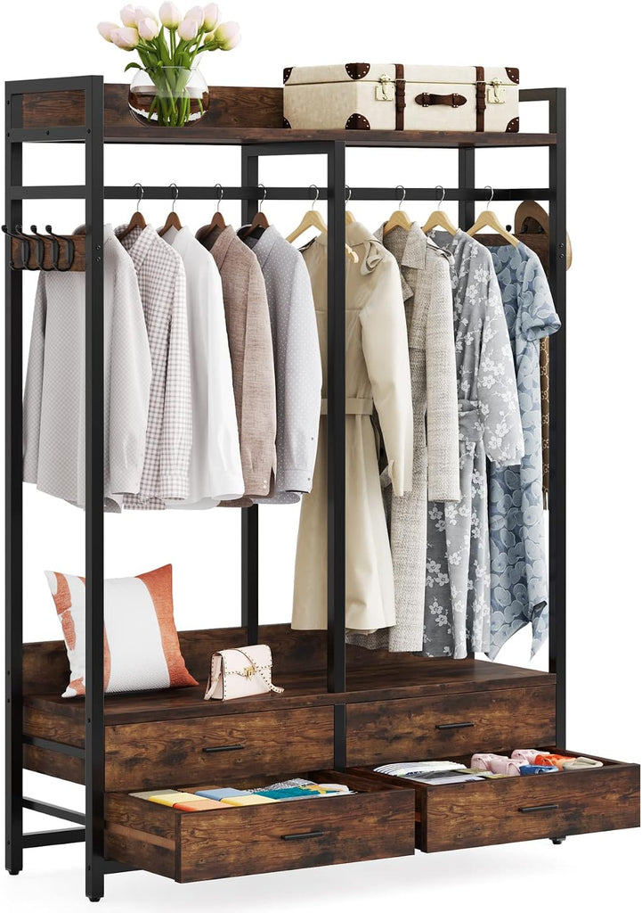 Freestanding Closet Organizer, Garment Rack with 4 Drawers | Heavy Duty Clothing Rack, Open Wardrobe Closet , 8 Hooks