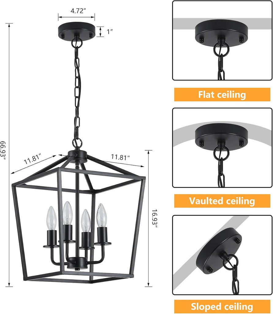 Black Industrial 4 Light Lantern Chandelier Ceiling Light Fixtures Farmhouse Metal Cage Rustic Geometric Pendant Light for Kitchen Island Entryway Dining Room Stairs and Hallway