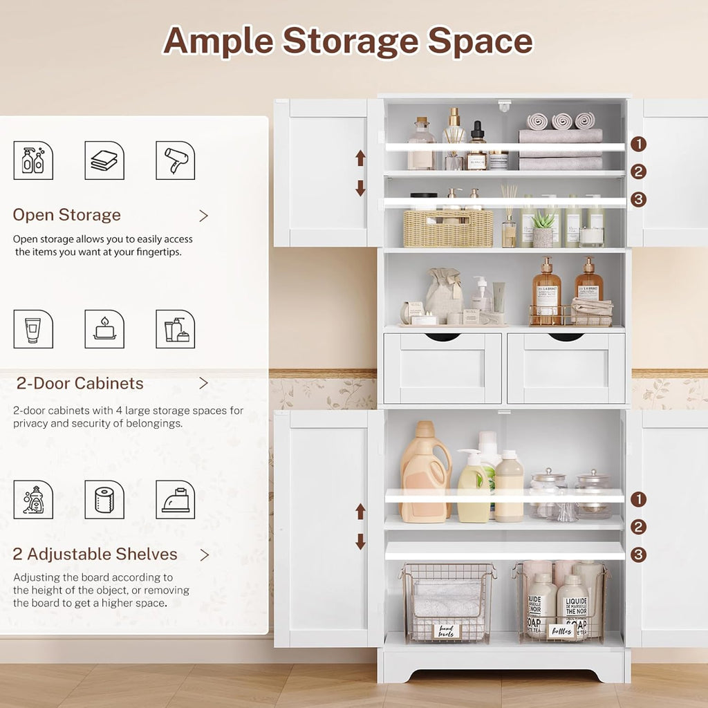 57.8" H Tall Bathroom Storage Cabinet with 4 Doors & 2 Adjustable Shelves, Freestanding Bathroom Cabinet with 2