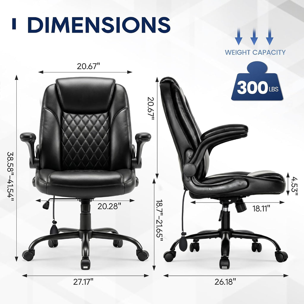 Leather, Computer Desk Chair with Adjustable Lumbar Support, Thick Cushion, Flip-Up Arms and Ergonomic Back, Comfy