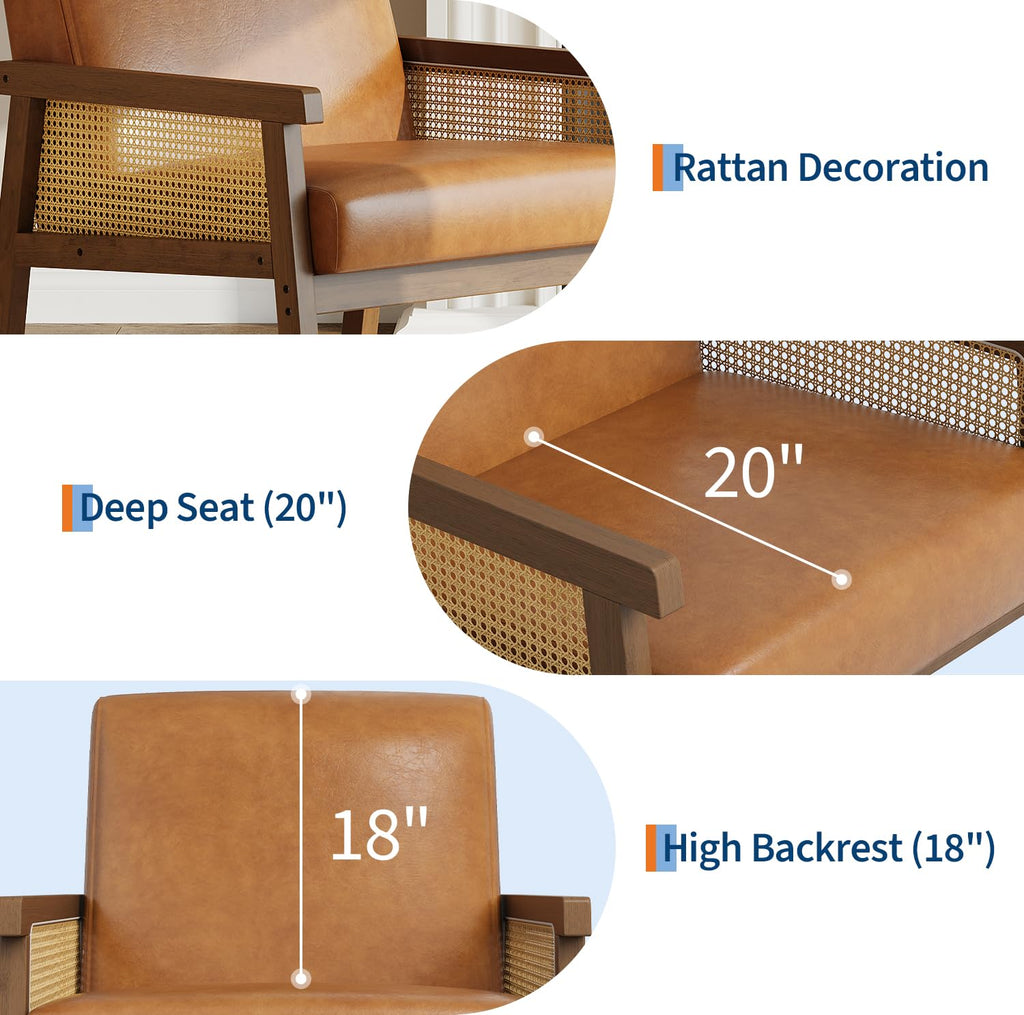 Rattan Accent Chair with Wooden Frame and High Back, Brown
