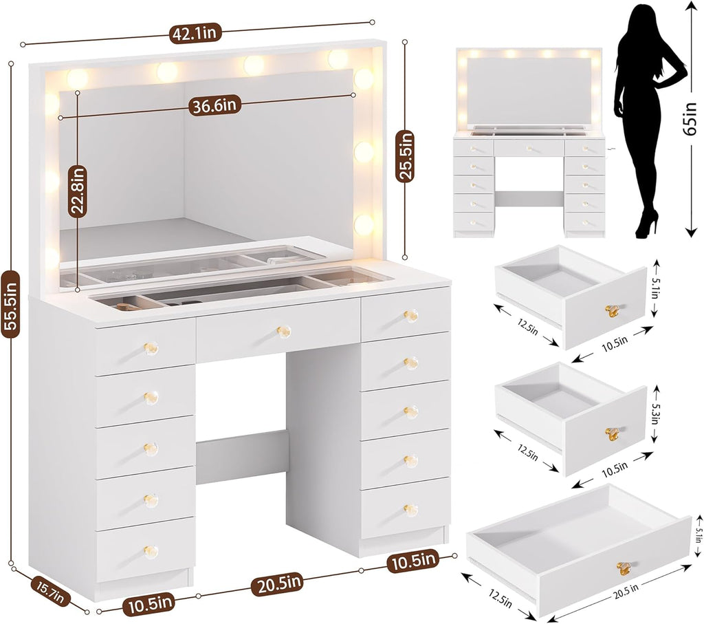 Vanity with Large Mirror and 10 LED Lights, Vanity Desk with Glasstop, 11 Drawers with Crystal Handles, Dressing