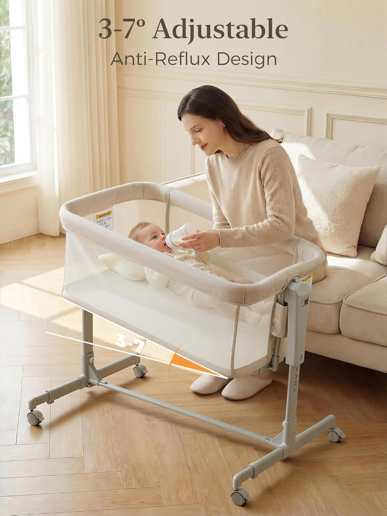 Baby Bassinet Bedside Sleeper 3-in-1, Easy Night Feeding with One-Side Fold & Rolling Wheels, Breathable Mesh