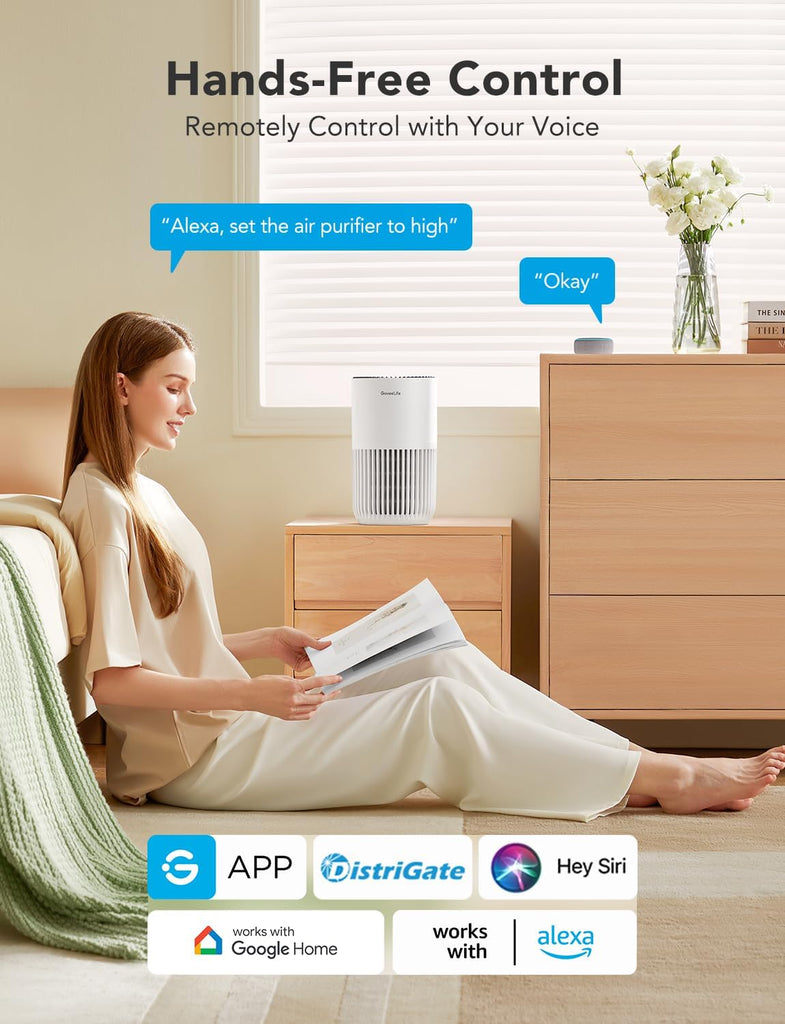 Mini Air Purifier for Bedroom, Smart Filter Air Purifier with App Alexa Control for Pet Hair, Odors,