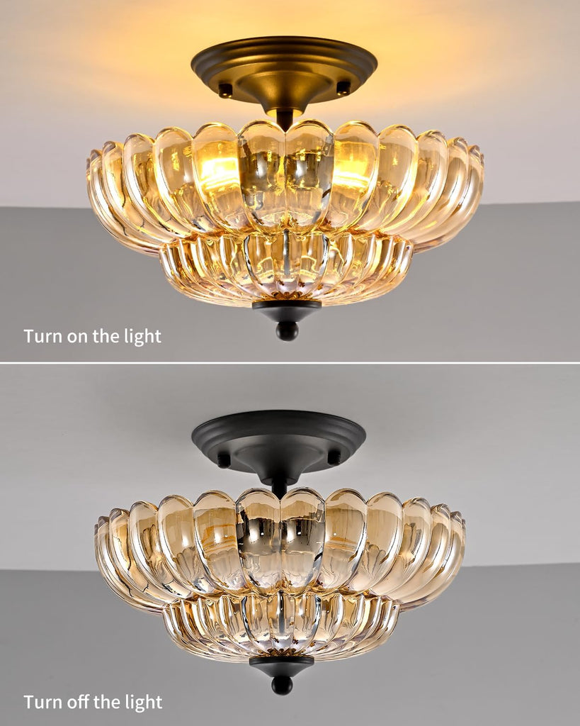 Black Semi Flush Mount Ceiling Light with Amber Glass Shades, 3-Light Modern Farmhouse Chandelier , and Entryway