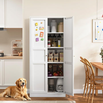 Metal Storage Cabinet - 71" White Kitchen Pantry with 2 Doors and 5 Adjustable Shelves, 5-Tier Tall Steel Locker