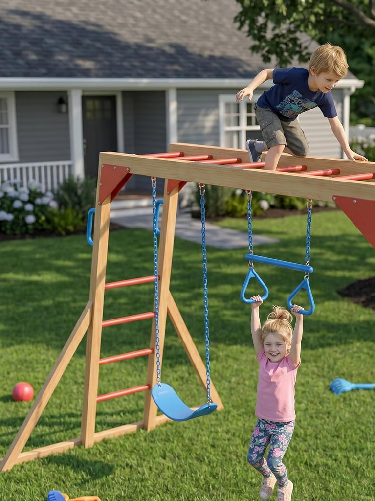 Wooden Swing Sets with Monkey Bar, Outdoor Playset for Kids with Trapeze Swing Bar and 2 Belt Swings, Heavy Duty