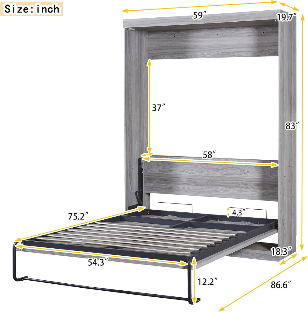 Full Murphy Bed, Farmhosue Wall Bed Frame, Solid Wood Cabinet Bed Frame for Home Office, Guest Room, Apartment, Grey