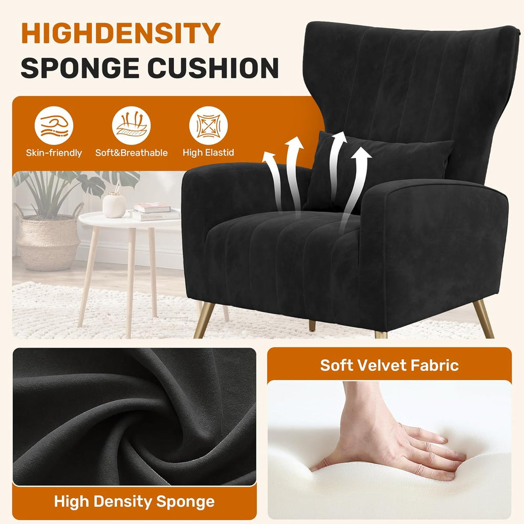 Black Velvet Accent Chair Set of 2, Wingback Chair , High Back Arm Chair with Golden Legs Lumbar Pillow, Upholstered