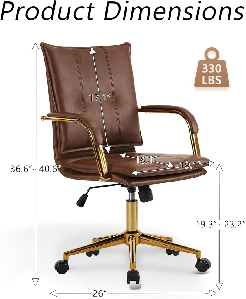 Mid-Back Ergonomic Leather Office Desk Chair, Modern Upholstered Computer Chair, Executive with Arms, Swivel