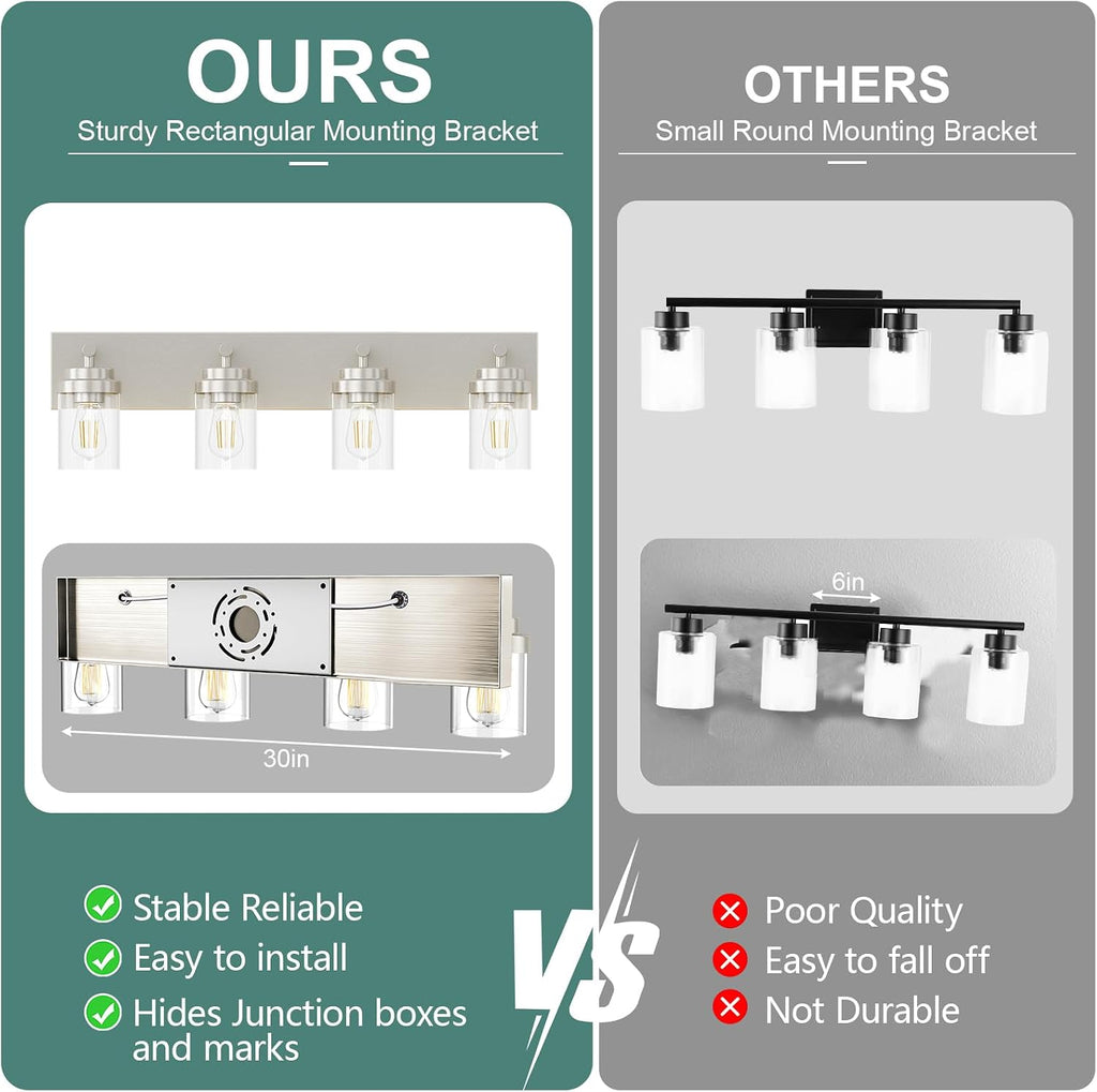 Bathroom Vanity Light Fixture, 4-Light 30 Inch Brushed Nickel Bathroom Light Fixtures Over Mirror, with Clear Glass