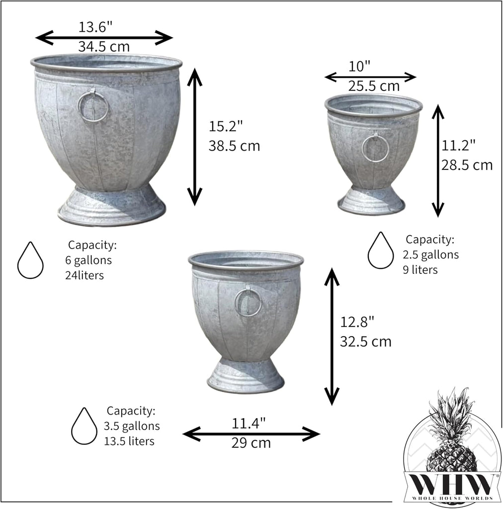 Durham Footed Urn Chubby Belly Planters, Set of 3, Ring Handles, Galvanized Metal, Vintage Grey, Indoor/Outdoor
