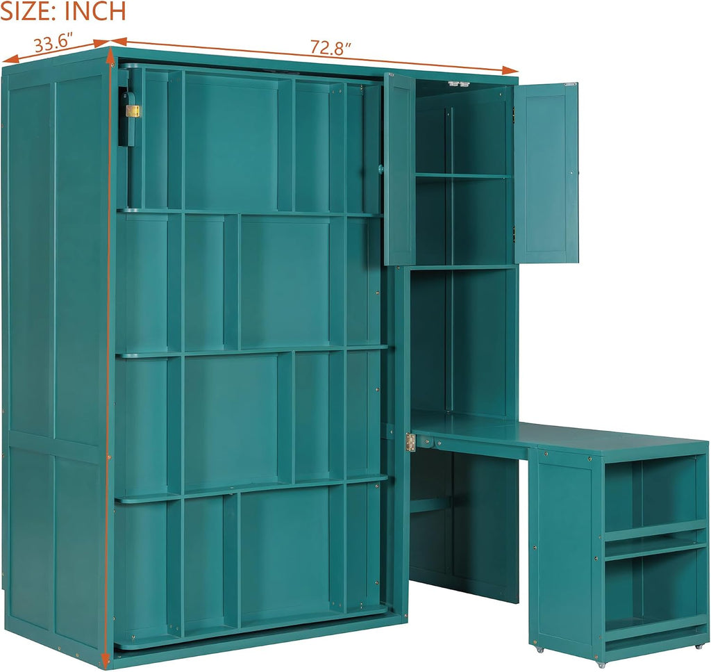 Twin Rotating Wall Murphy Beds, Wood Folding Murphy Wall Bed with Bookshelf, Top Cabinet, Extendable Desk & Side