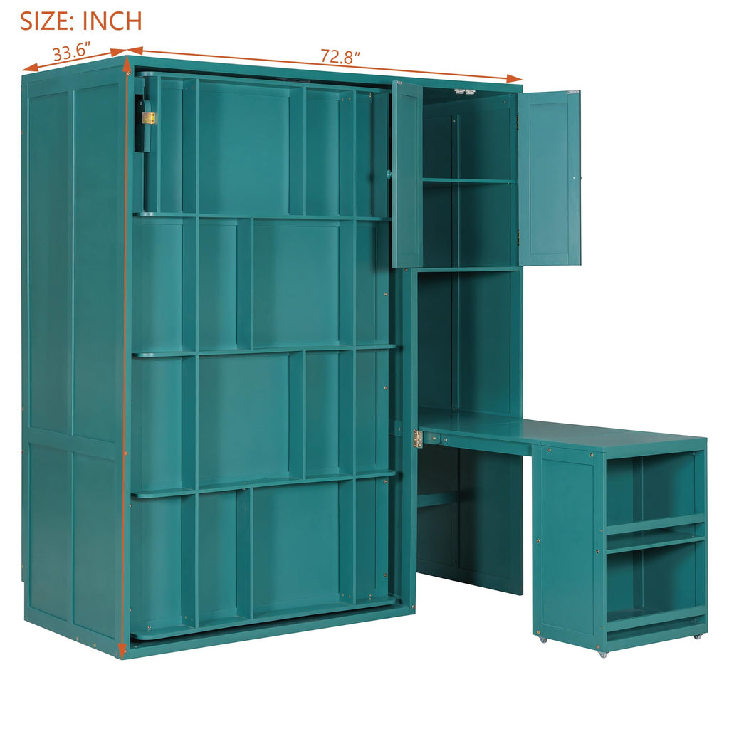 Twin Size Murphy Bed, Rotating Wall Murphy Beds with Bookshelf, Top Cabinet, Extendable Desk, Teal
