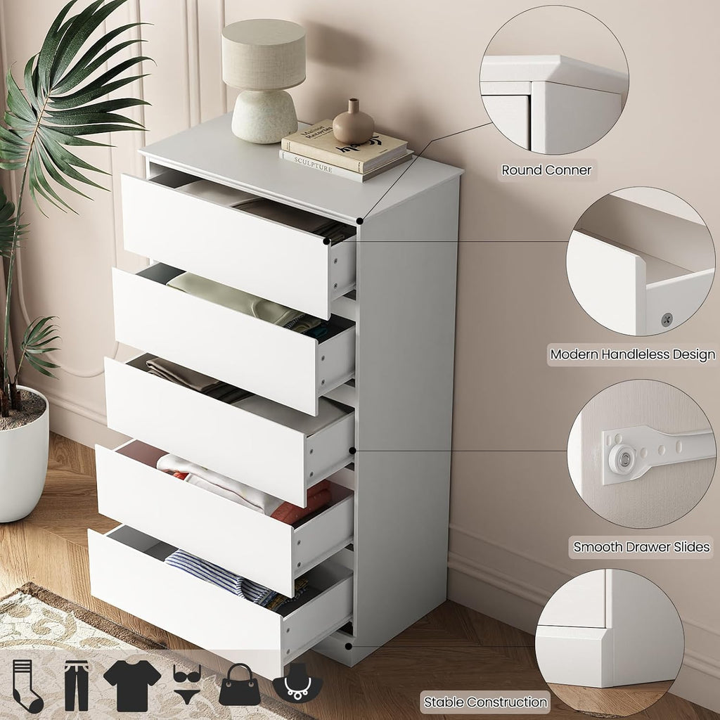Dresser , Modern Tall White 5 Drawer Dresser, Modern Wood Chest of Drawers