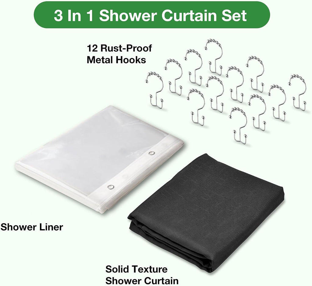 3 in 1 Shower Curtain Set, Black Shower Curtain and Liner Set with 12 Double Sided Shower Curtain Hooks, Cloth Shower
