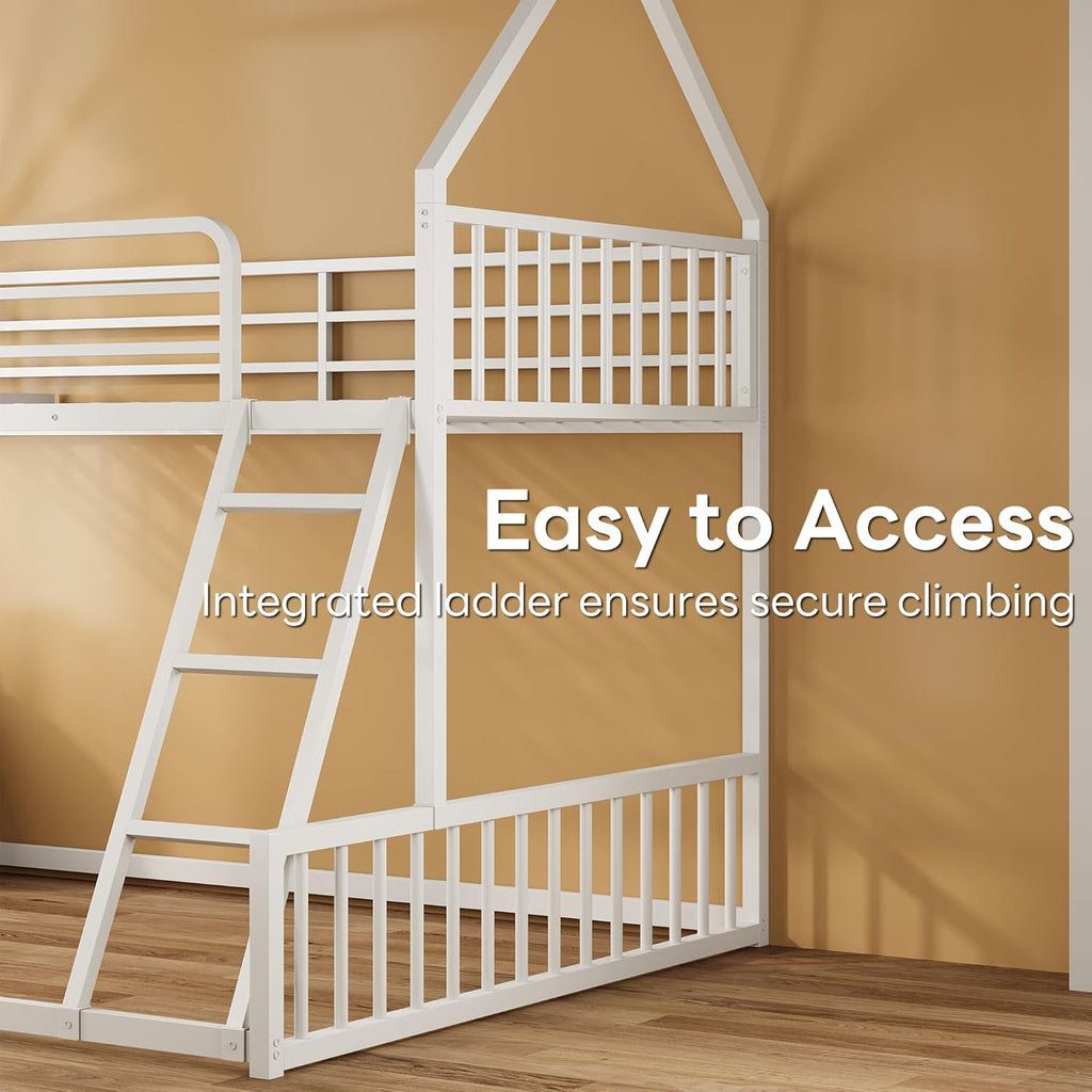 Bunk Bed Twin Over Full, House Bunk Bed Frame with Ladder and Guardrail