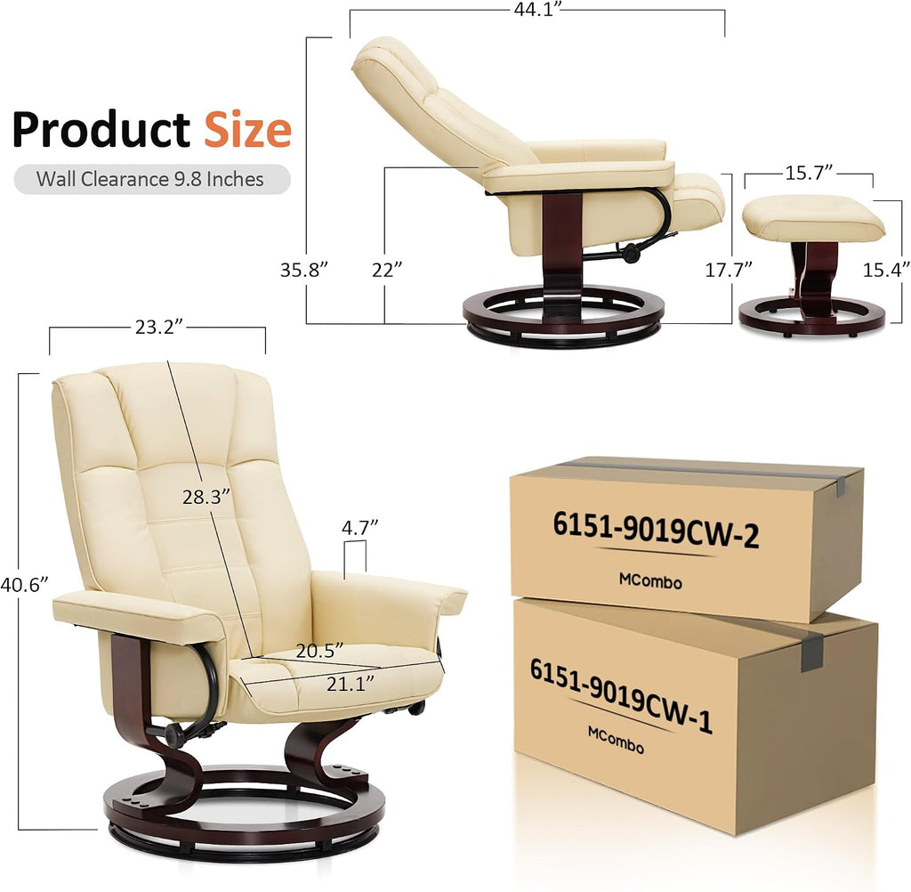 Modern Reclining Swivel Lounge Chair and Ottoman — White Faux Leather