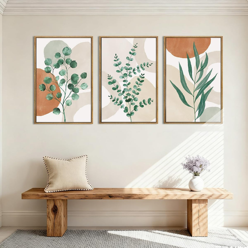 Framed Boho Botanical Wall Art Large 16x24 Inch Abstract Green Plant Canvas Wall Decor Bohemian Modern pictures