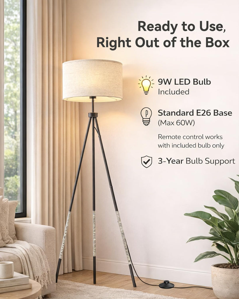 Tripod Floor Lamp with Remote Control, Stepless Dimmable Tall Floor Lamp with Fabric Shade