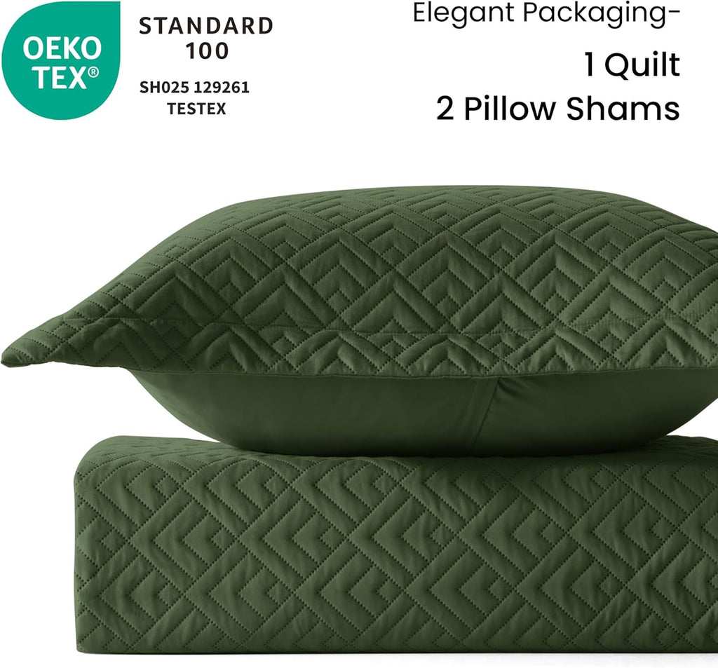 Quilt Set Quilts Olive Green 3 Piece,Lightweight Soft Coverlet Modern Style Squares Pattern Bedspread