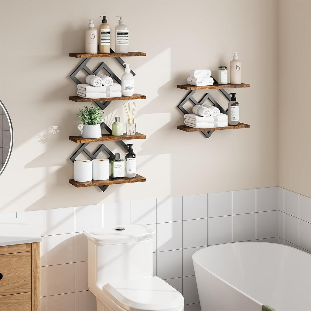 Floating Shelves for Wall, Set of 3 Hanging Shelves, Rustic Brown | 2-Tier Wall Mounted Storage Shelves for Decor