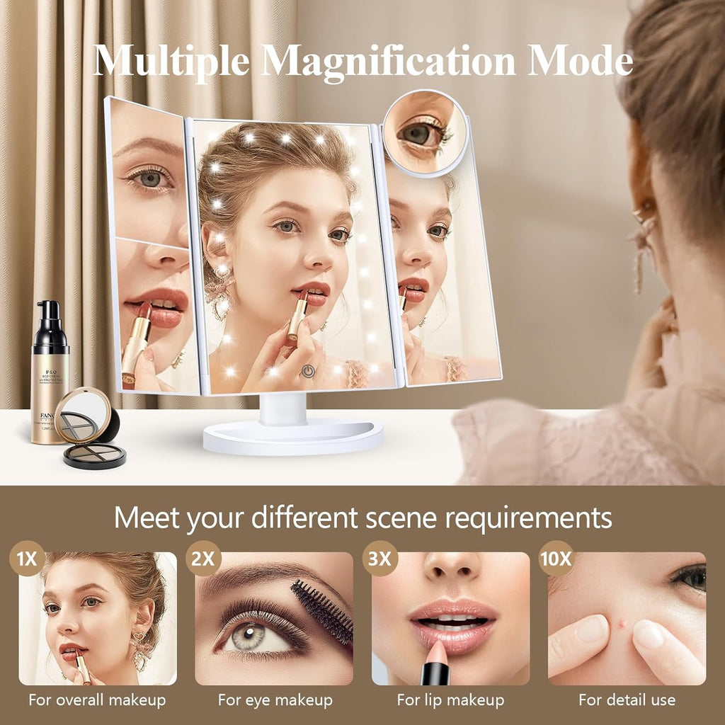 Makeup Mirror, Gifts for Mom Mothers Day, Vanity Mirror with Lights, 2X/3X/10X Magnification, Touch Control, Trifold