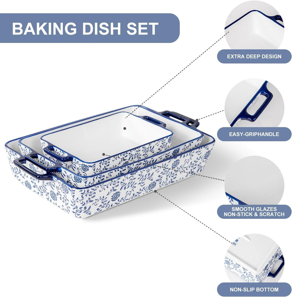 Ceramic Bakeware Set - Casserole Dish Dishes for Oven - Rectangular Lasagna Pans with Handles Cooking - Microwave &