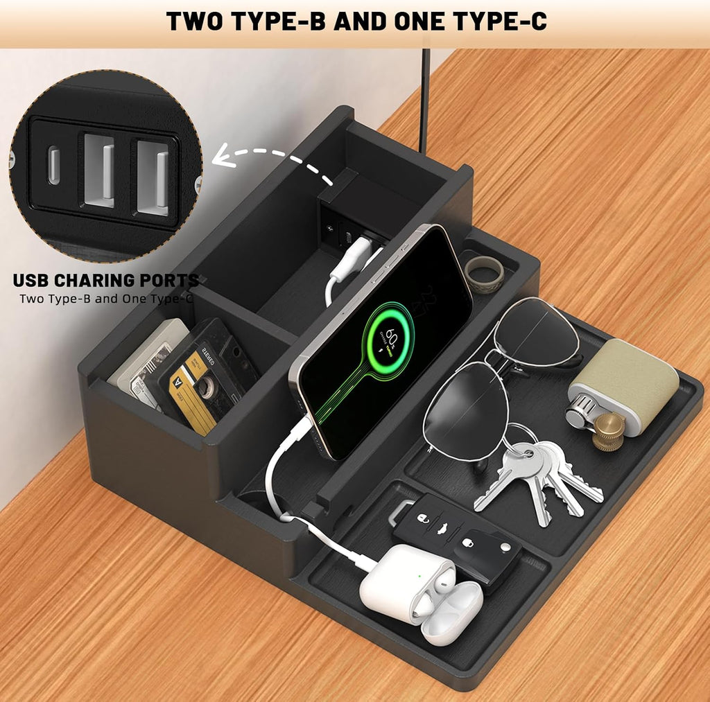 Valet Tray, Nightstand Organizer with Charging Station