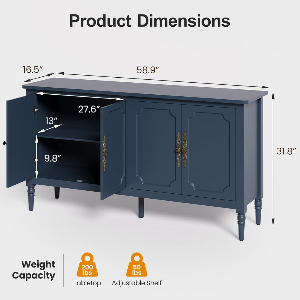 59" Buffet Cabinet with Storage, Vintage Sideboard with Adjustable Shelves & Carved Handle