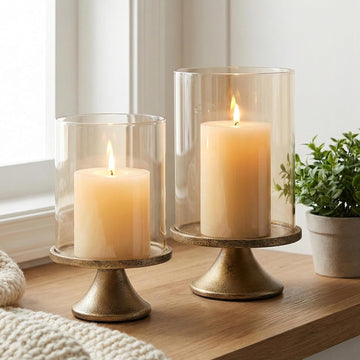 Set of 2 Hurricane Candle Holder Set with Glass Dome & Iron Base - Elegant Decorative Pillar Candle Holders