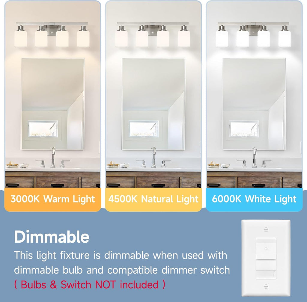 4-Light Bathroom Vanity Light,Brushed Nickel Vanity Lights with Square Frosted Glass,Modern Bathroom Wall Lights