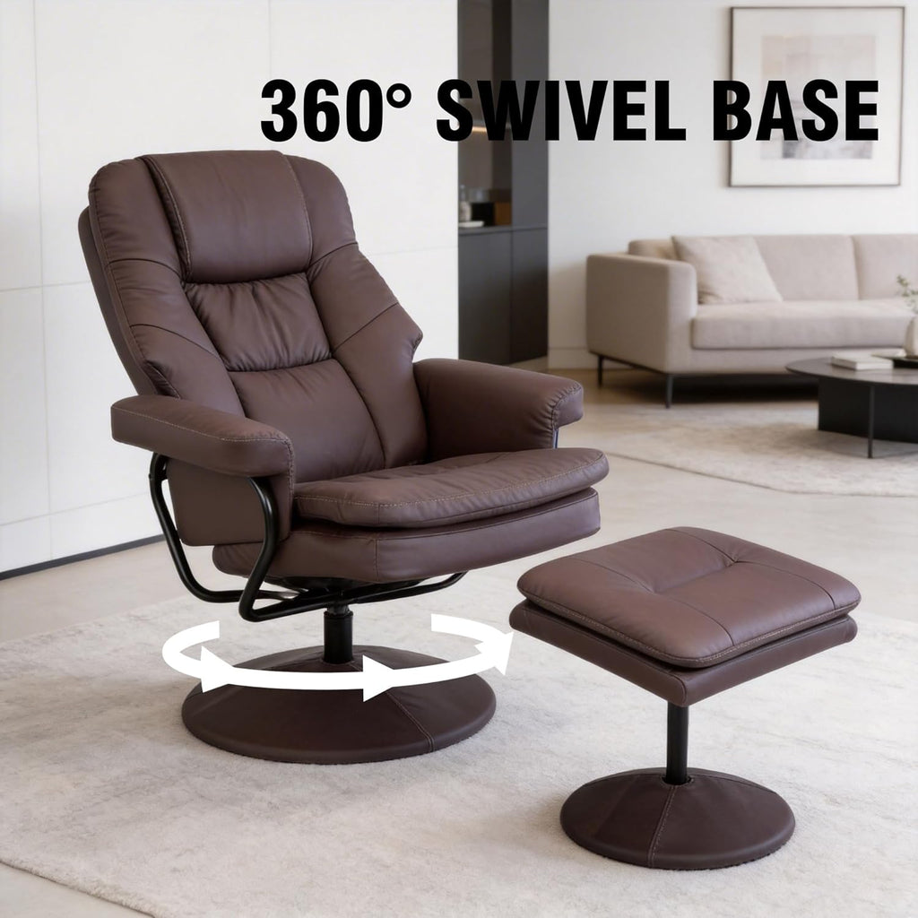 Modern Reclining Swivel Lounge Chair and Ottoman — Brown Leather
