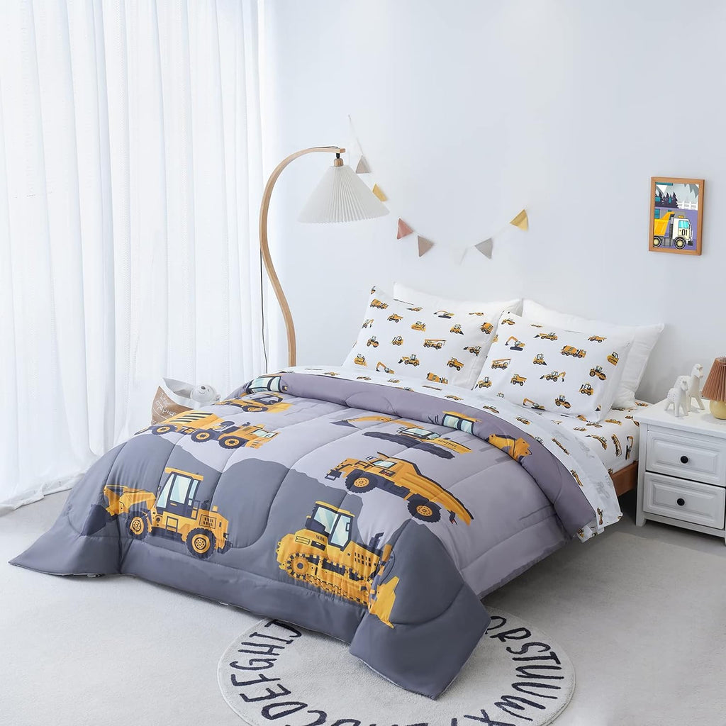 Twin Comforter Set for Boys, 4-Piece Bed in a Bag, 3D Construction Bedding Comforter Sheet Set, Ultra Soft and