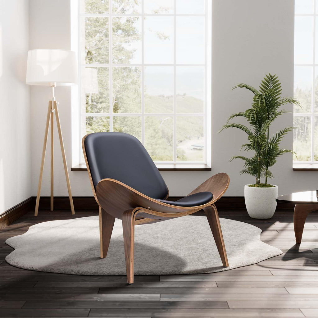Mid Century Modern Shell Lounge Chair, PU Leather, Tripod Plywood Classic Design Solid Wood Accent Chairs , Reading