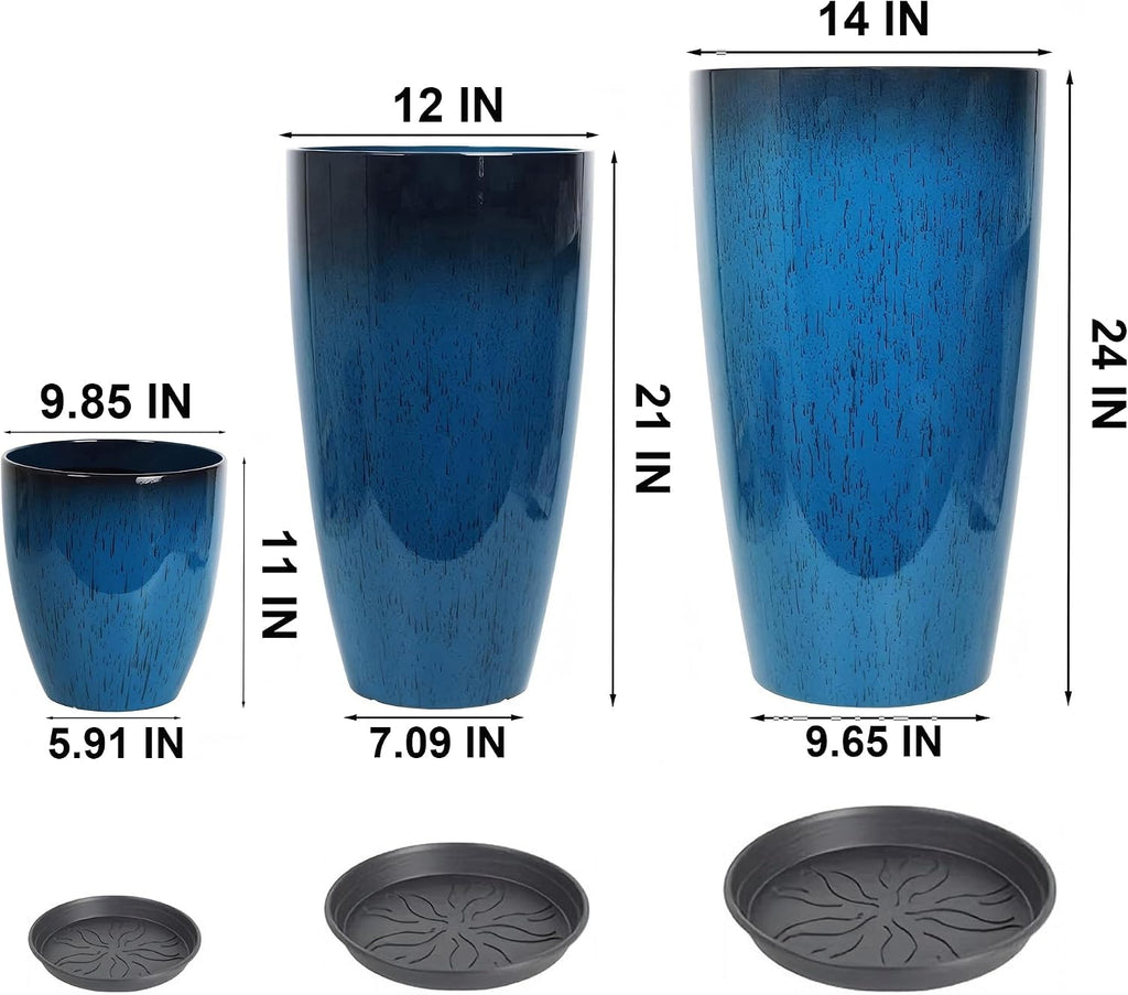 24,21,11 Inch Large Planters with Drainage Hole and Saucer - Set of 3 Tall Plant Pots Indoor Flower Pot Tall Round