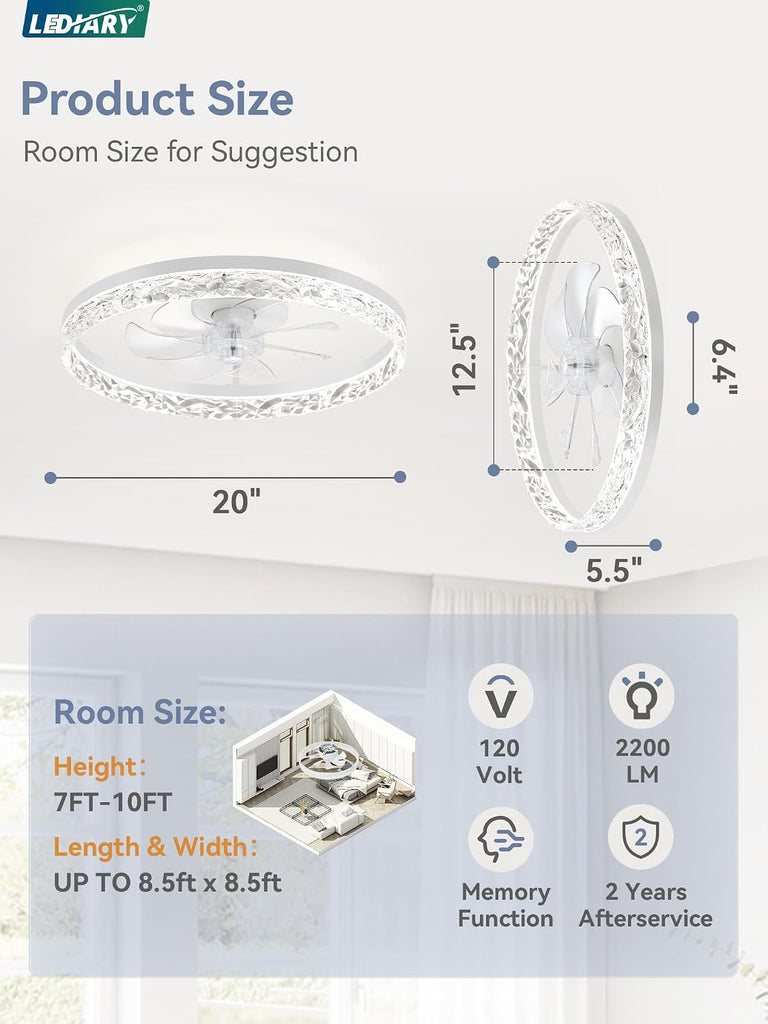20" Modern Ceiling Fans with Lights and Remote, Dimmable Low Profile Ceiling Fan, Flush Mount Ceiling Fan