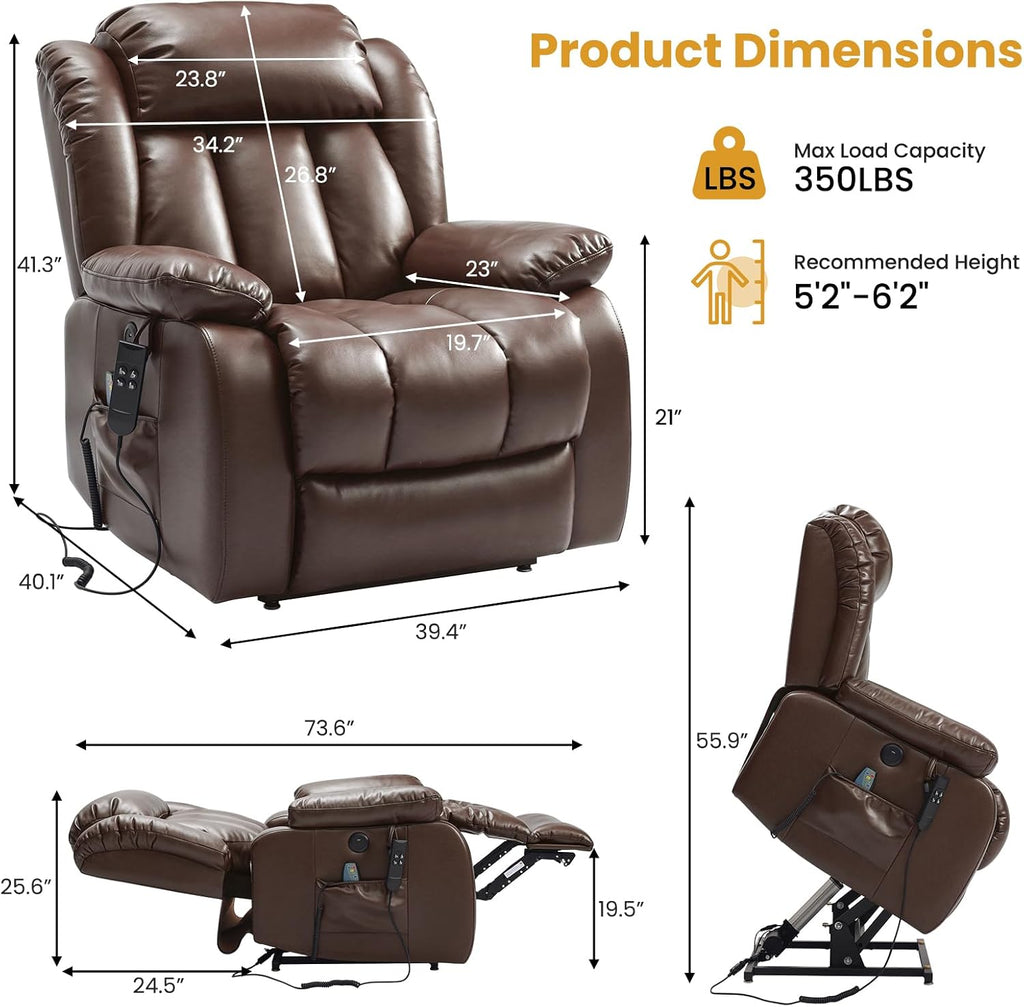 Dual Motor Power Lift Recliner Chair for Elderly, 180-Degree Infinite Position Lay Flat Leather Recliner Chairs, with