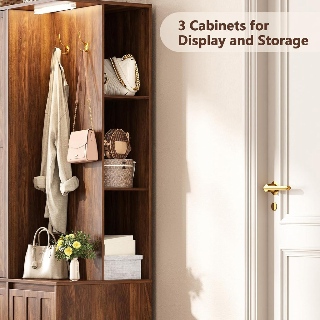 Armoire Wardrobe Closet with 2 Drawers, 3 Open Shelves, Sensor Light, 71" Tall Bedroom Armoire with Hanging Hooks and