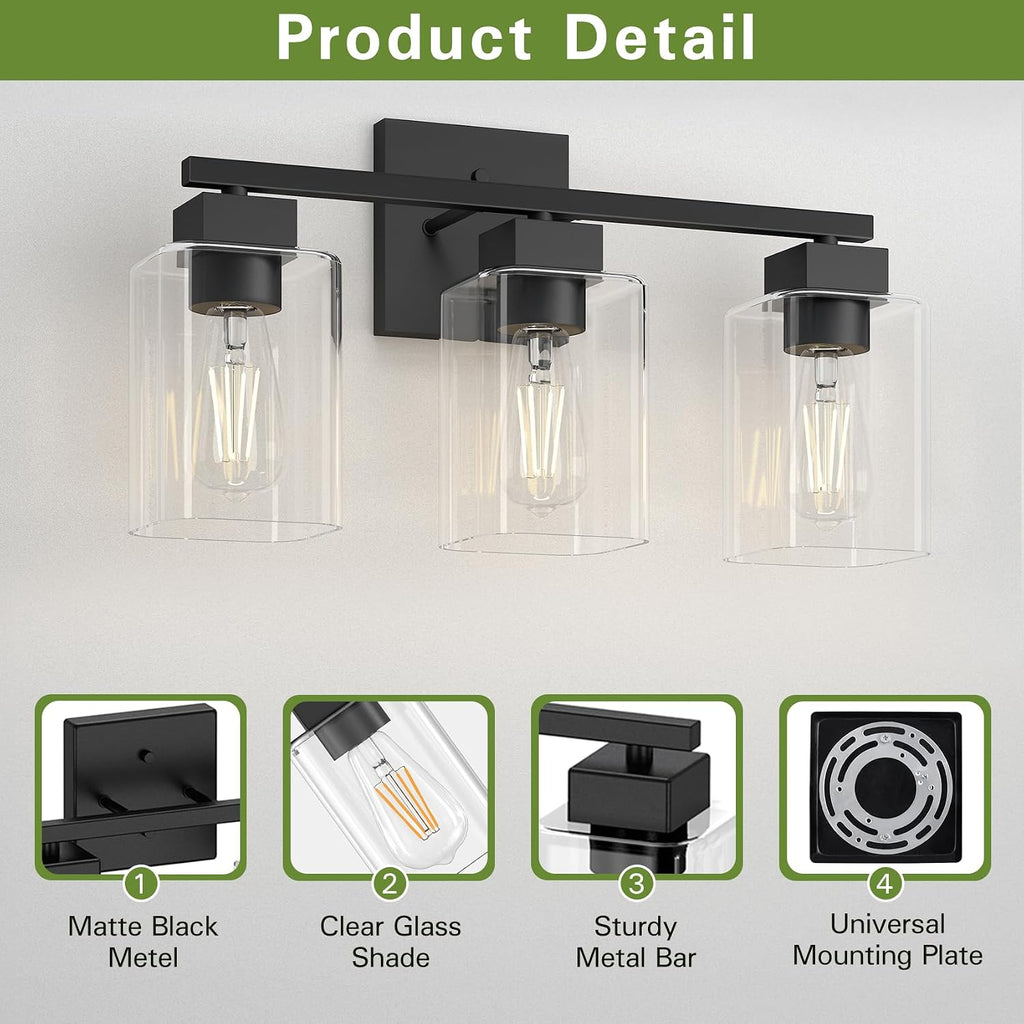 Matte Black Bathroom Vanity Light, 3-Light Vanity Lighting fixtures Over Mirror, Square Design & UL Certification